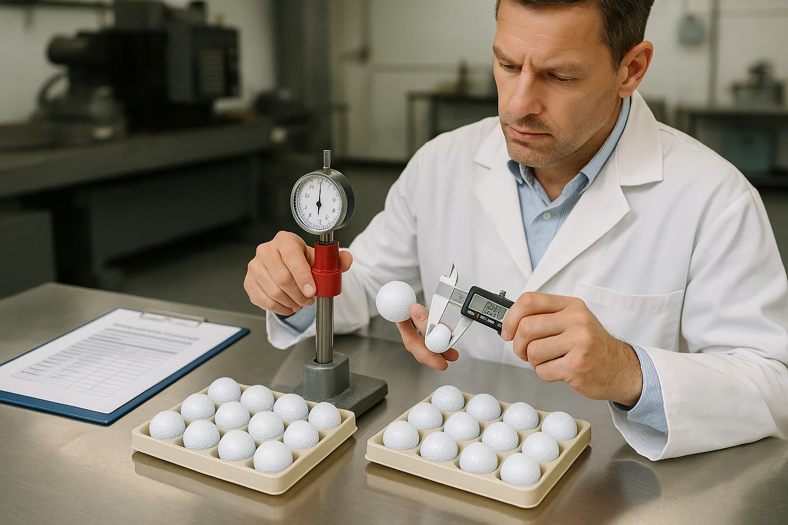 technician measuring custom golf balls diameter and compression in OEM quality control lab