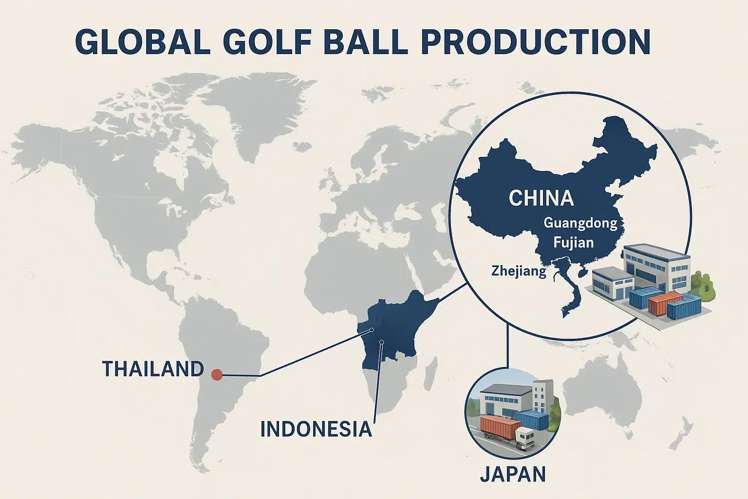 global golf ball production map highlighting China Japan Thailand and Indonesia factories
