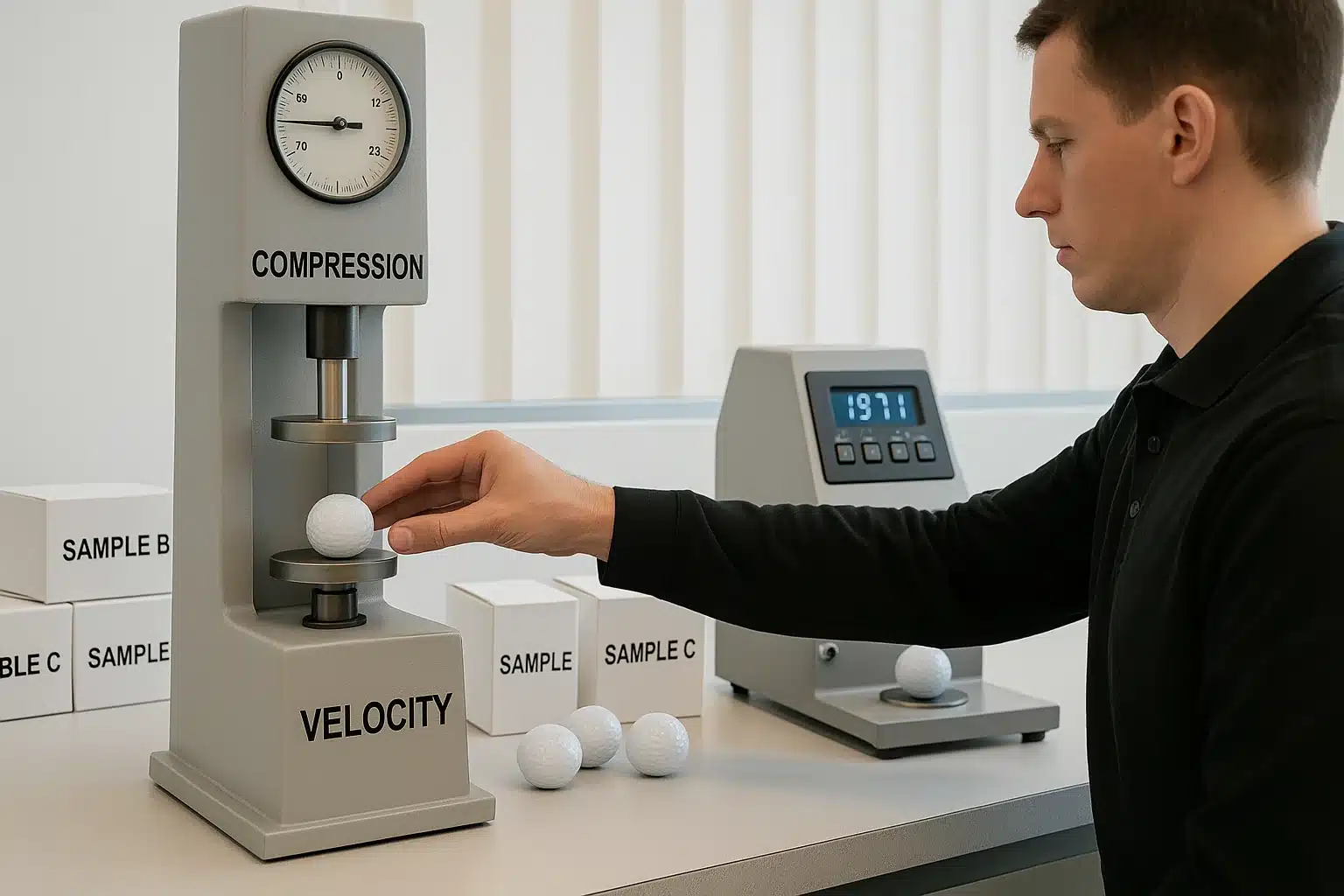 golf ball compression test technician testing golf ball compression and velocity in oem lab