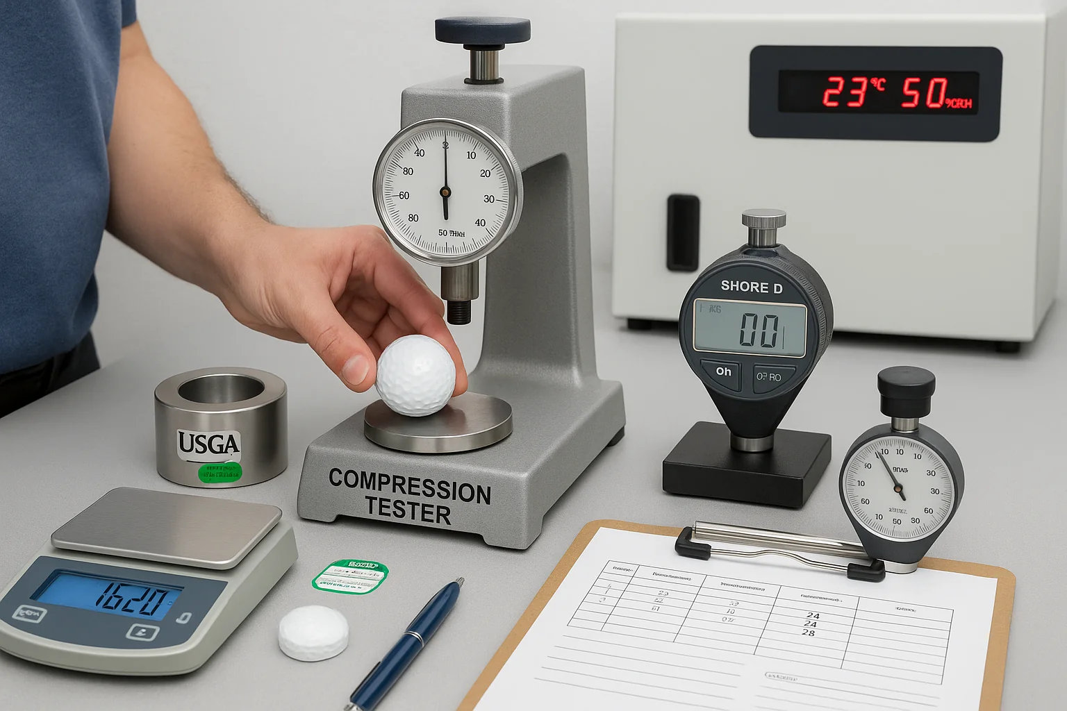 golf ball compression testing in factory lab