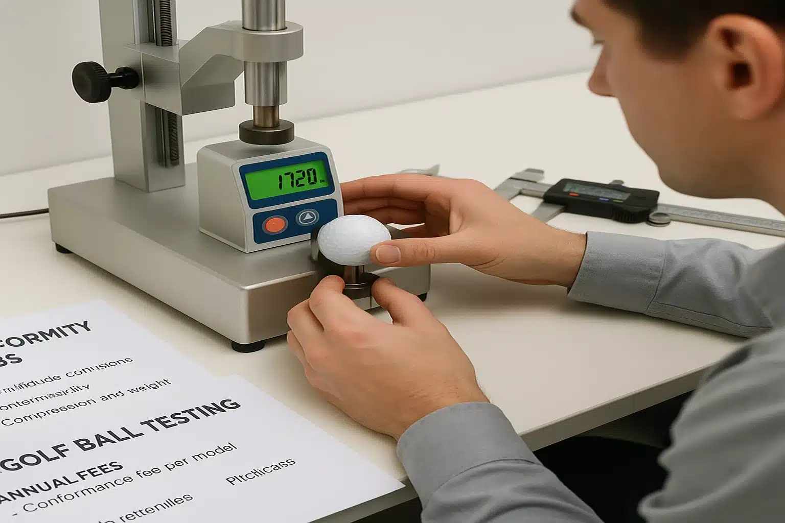 technician testing golf ball compression in lab