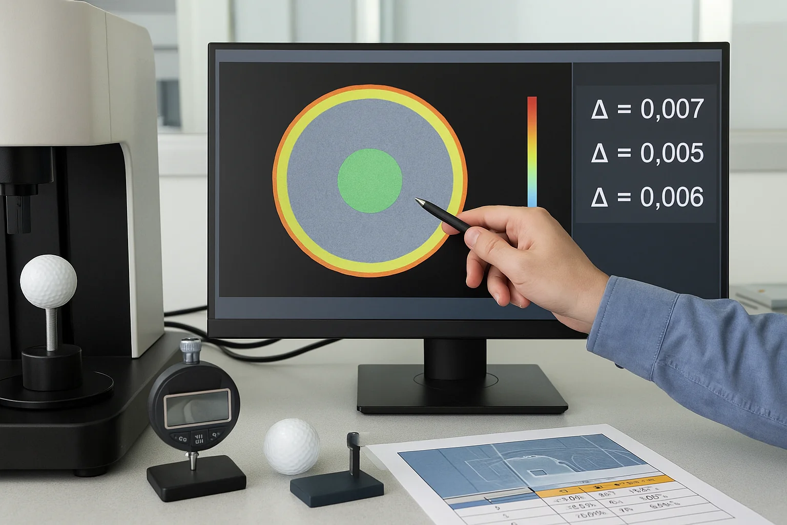 golf ball core structure analysis on computer in factory lab