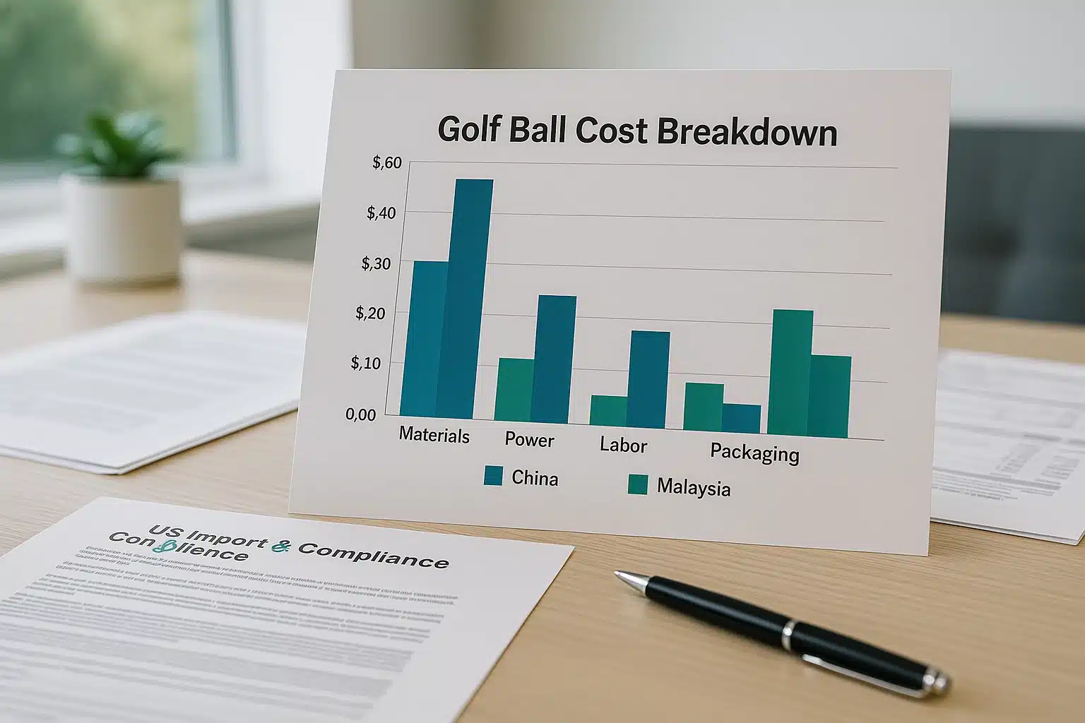 golf ball cost breakdown chart for China and Malaysia OEM