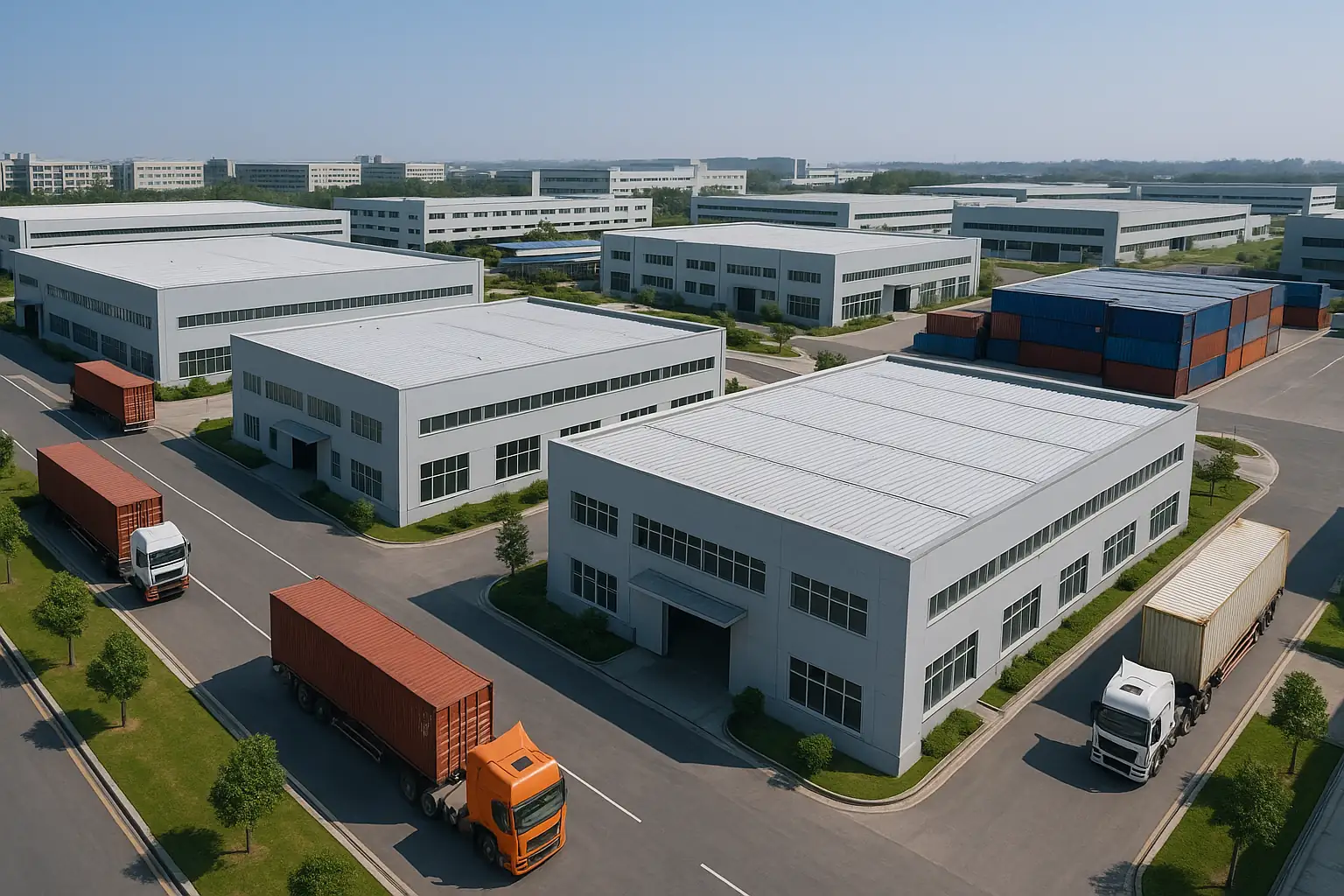 golf ball manufacturing plant in China with export trucks loading containers