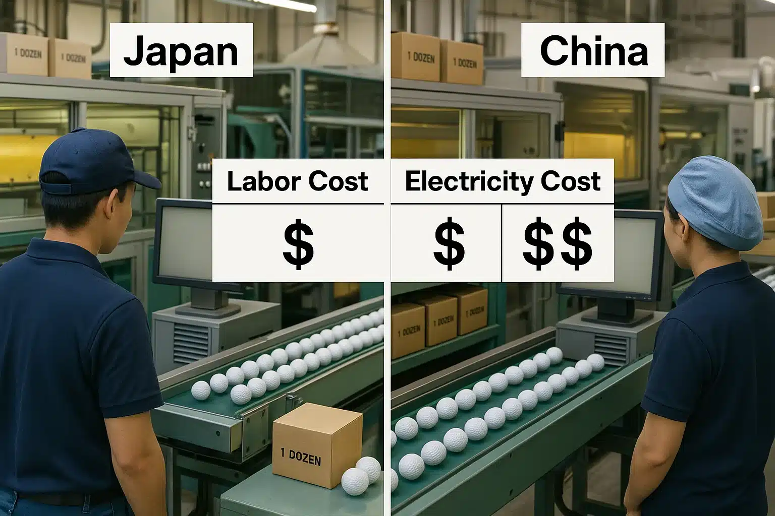 golf ball factory cost comparison Japan vs China production line