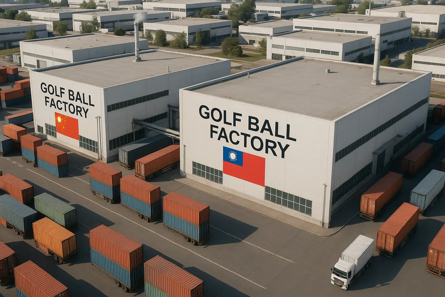 golf ball factory buildings in China and Taiwan with shipping containers