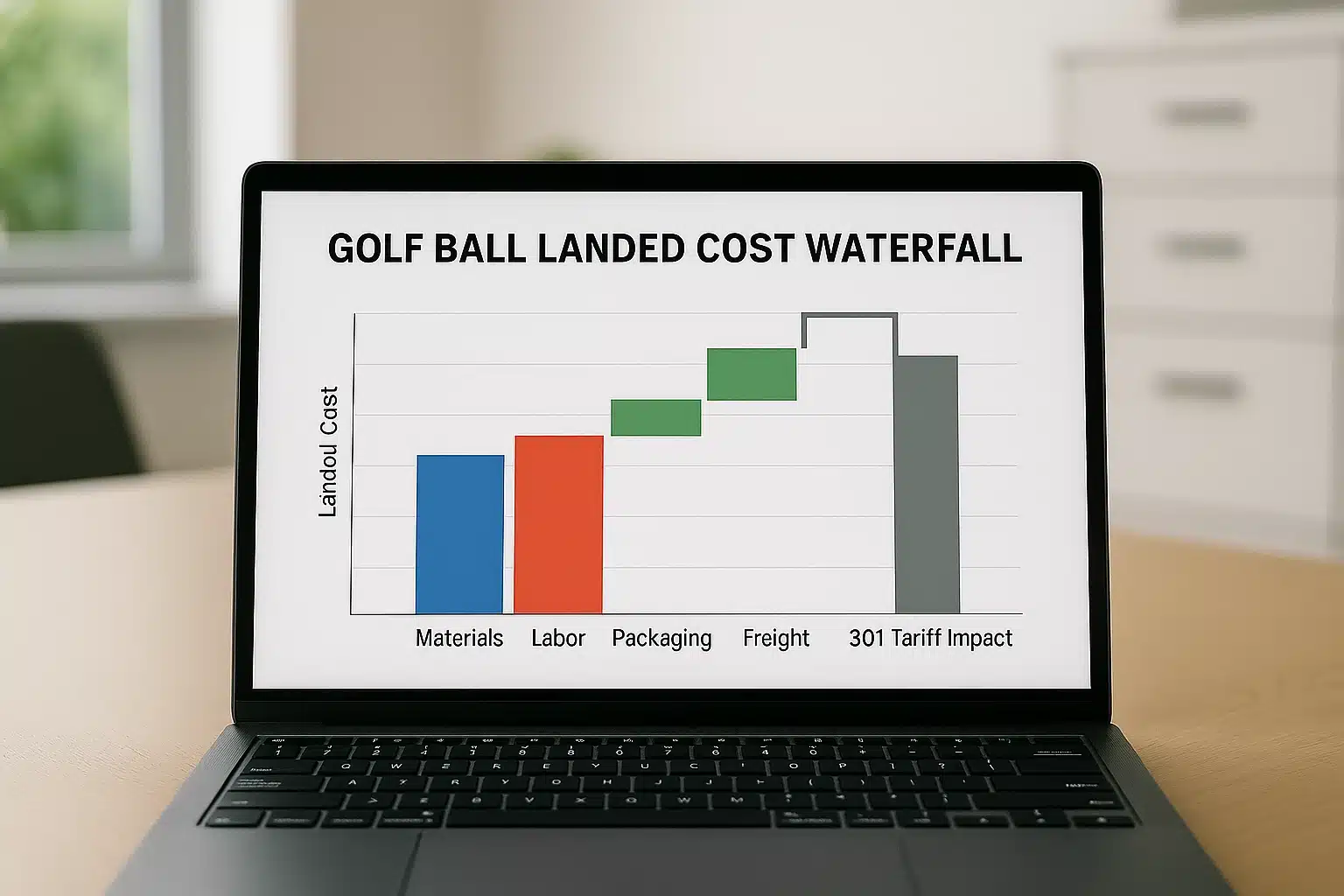 golf ball landed cost breakdown chart on laptop showing materials labor freight and tariff impact