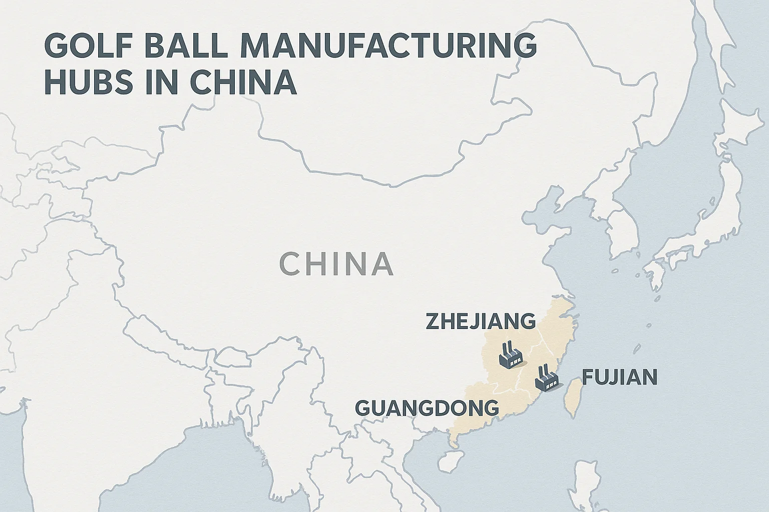 golf ball manufacturing map highlighting Zhejiang, Guangdong, Fujian OEM factories for export buyers