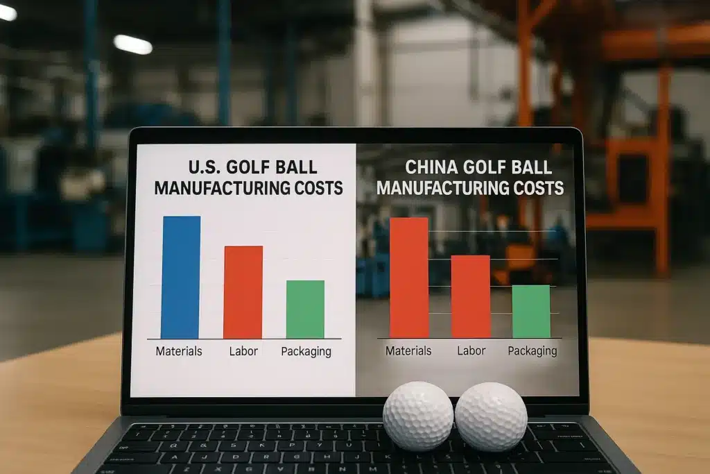 comparison chart of U.S. and China golf ball manufacturing costs on laptop with golf balls