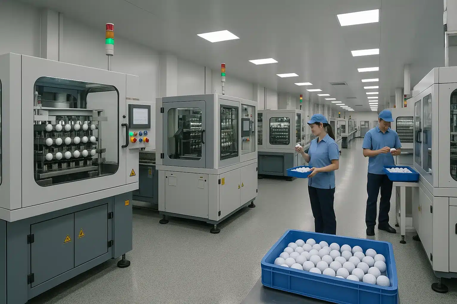 workers inspecting golf balls in automated OEM factory line