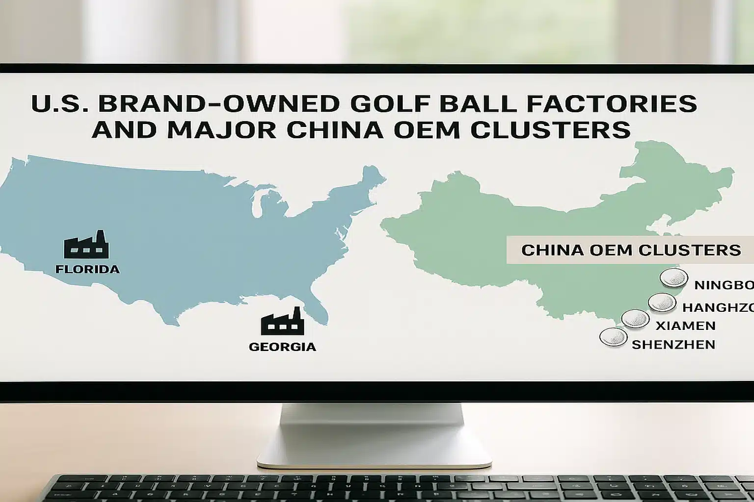 map comparing U.S. golf ball factories and major China OEM clusters on monitor