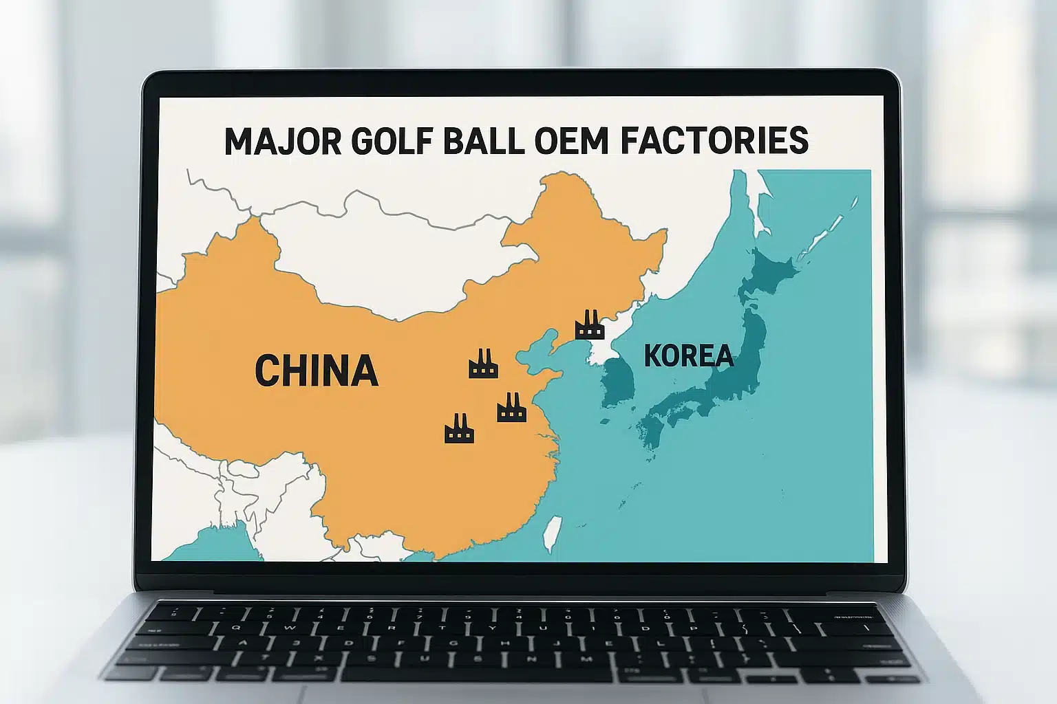 map of major golf ball OEM factories in China and Korea on laptop screen