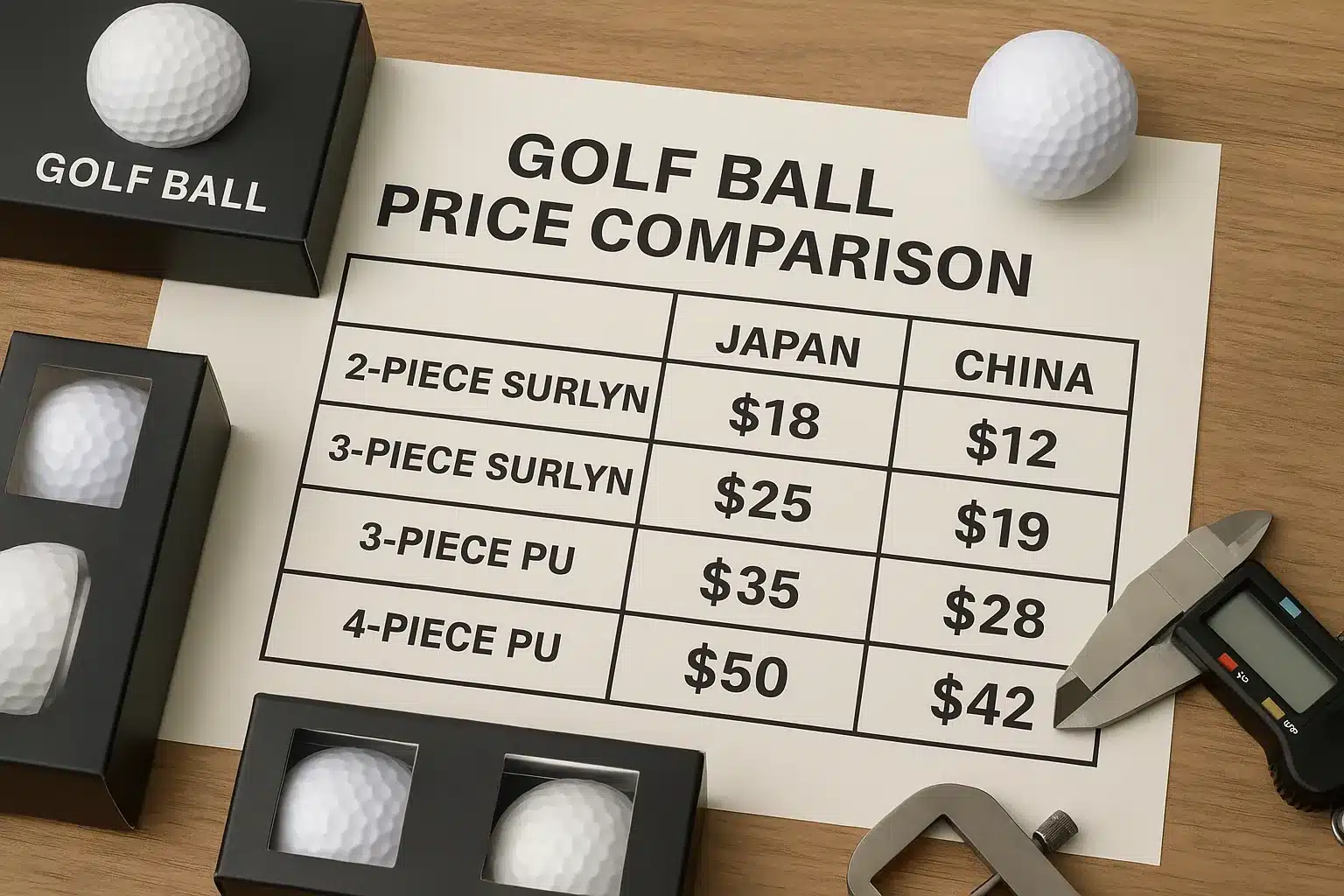 golf ball price comparison chart Japan vs China for OEM buyers