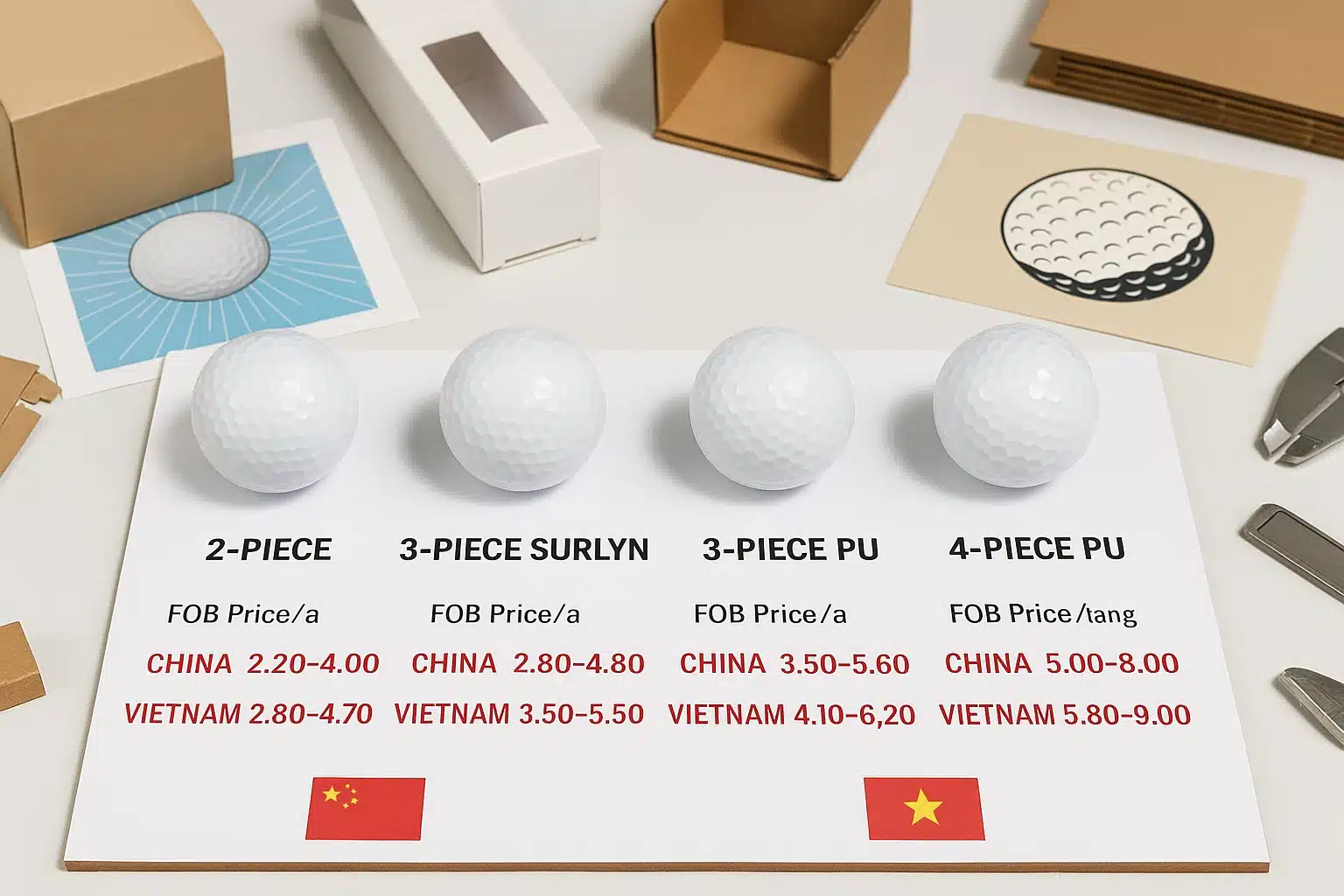 golf ball models with FOB price comparison China vs Vietnam