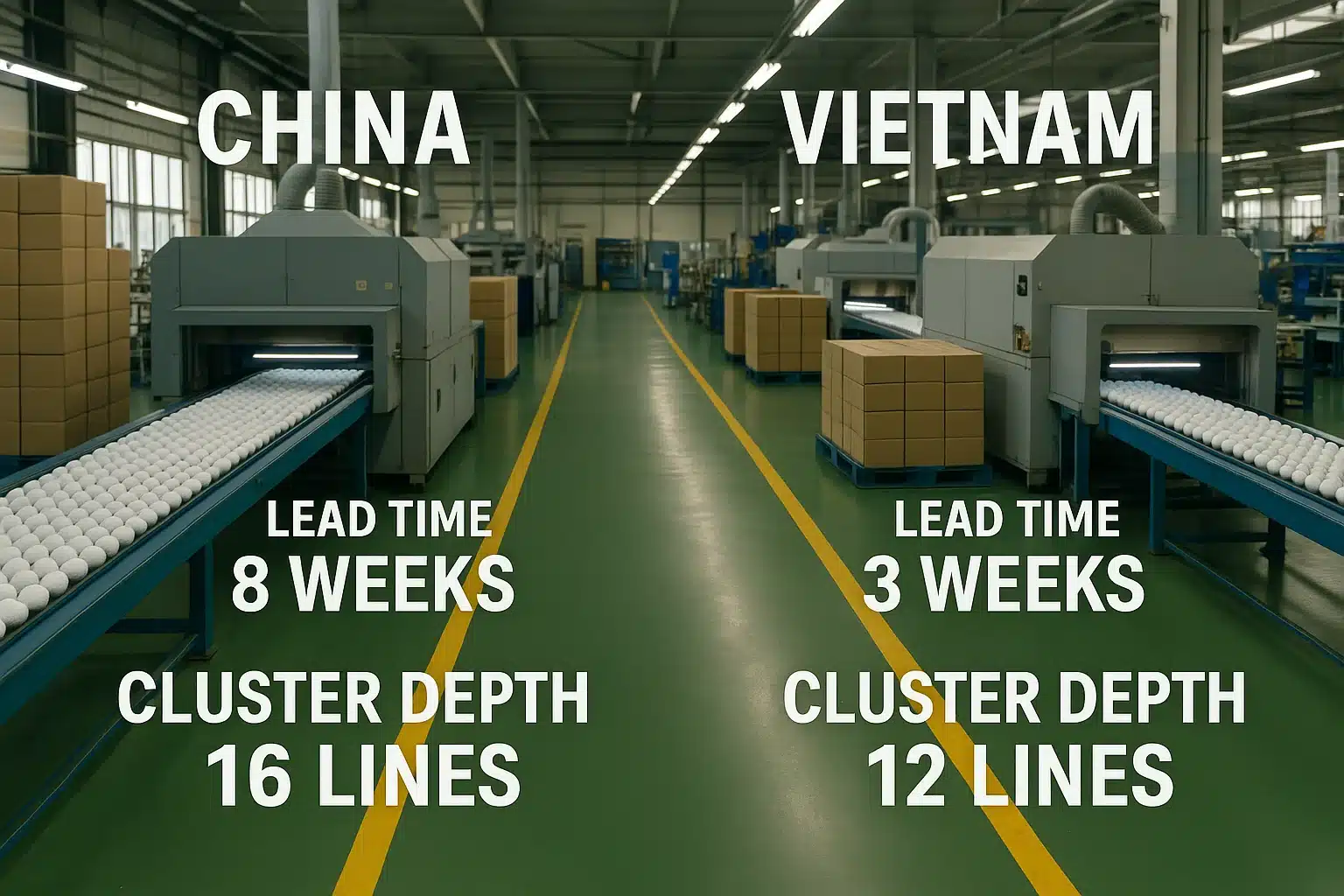 golf ball production lines in China and Vietnam with lead time comparison