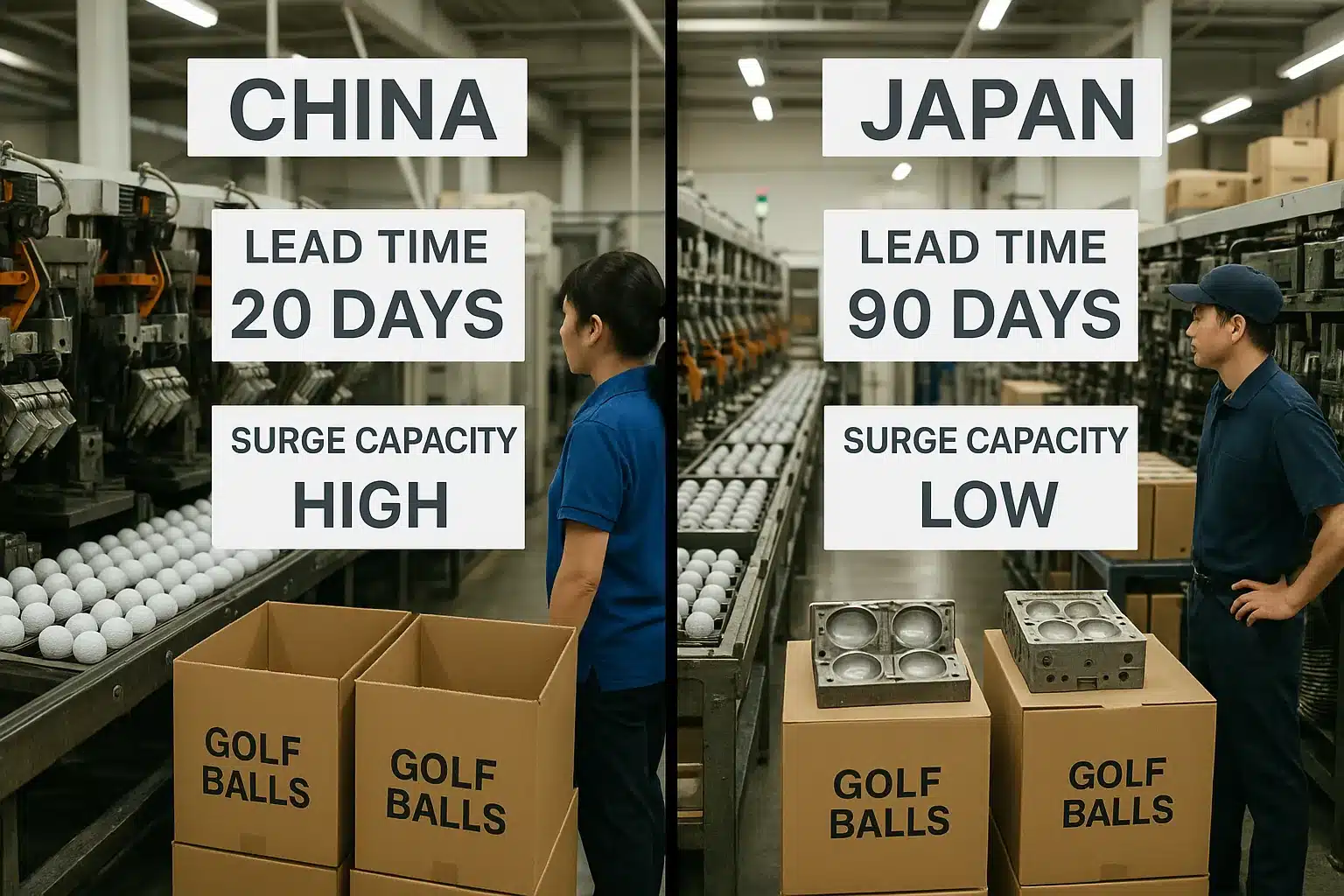 golf ball factory lead time and capacity comparison China vs Japan