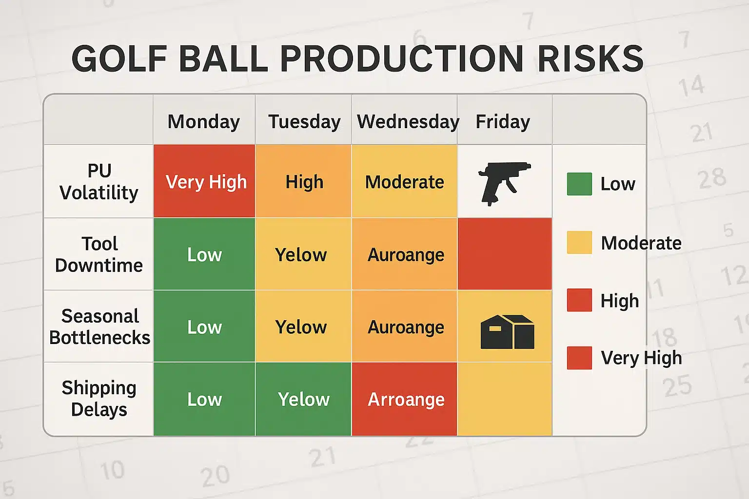 golf ball production risks golf ball production risk chart showing PU volatility, downtime, and shipping delays
