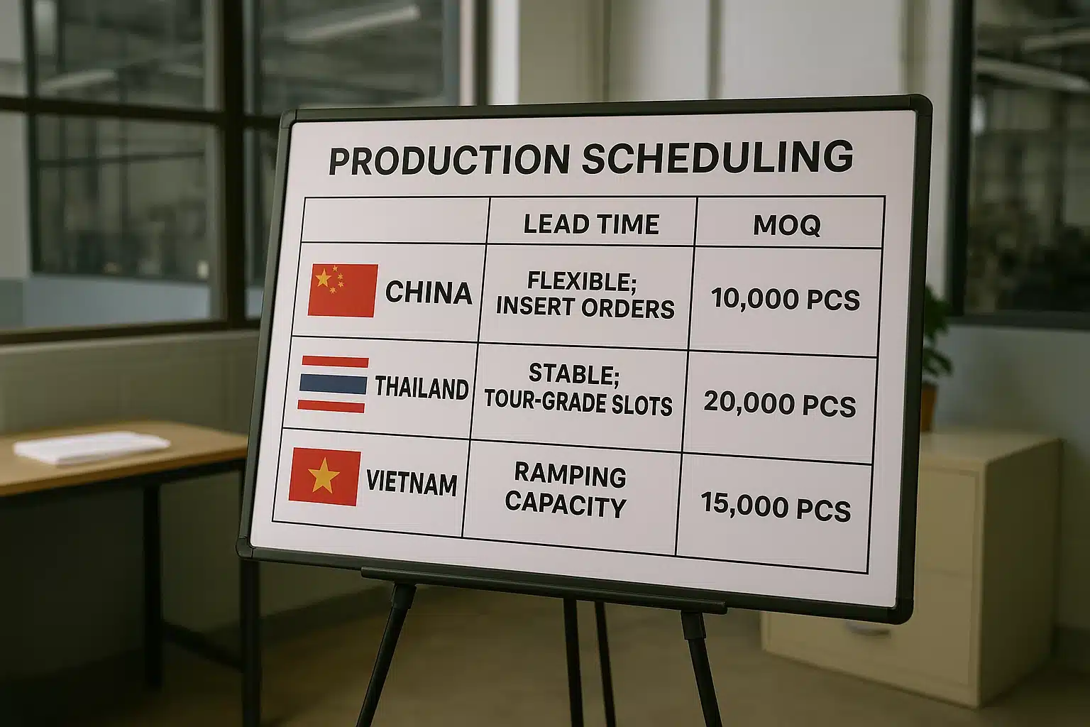 golf ball production scheduling chart comparing lead time and MOQ in China Thailand Vietnam
