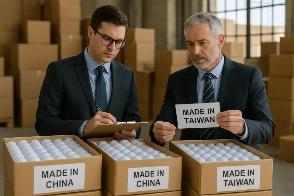 businessmen inspecting golf ball boxes labeled made in China and Taiwan in factory