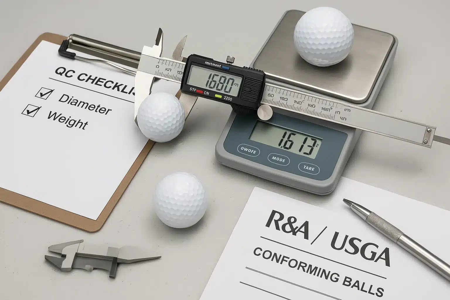golf ball quality inspection golf ball quality control check measuring diameter and weight with caliper and scale
