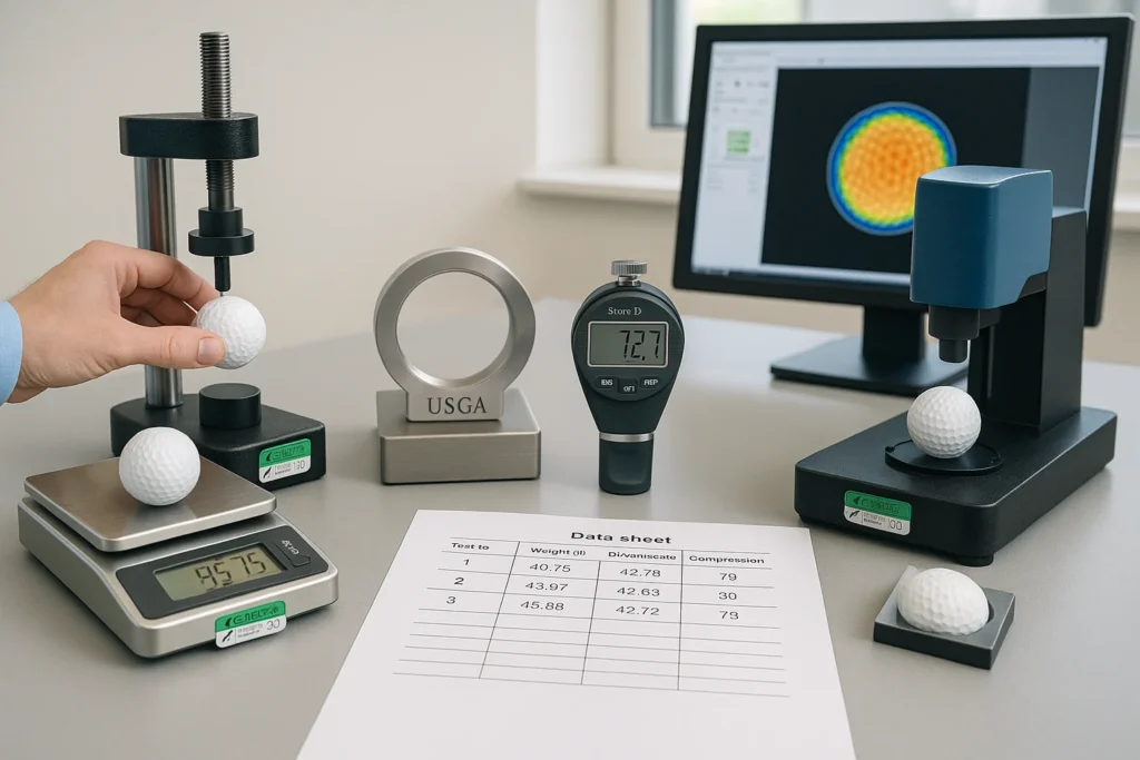 golf ball quality testing in factory lab with precision instruments