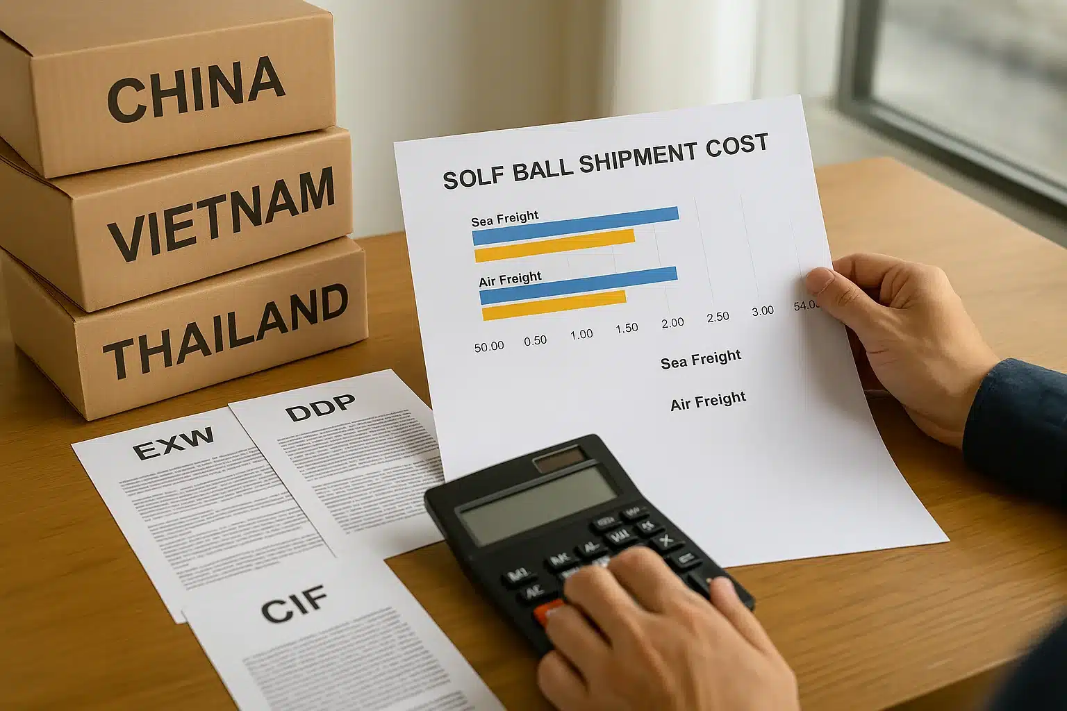 golf ball shipment cost comparison by sea and air freight from China Vietnam Thailand