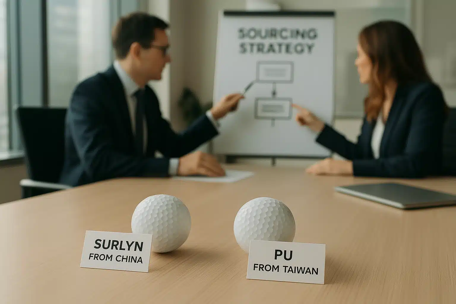 business meeting discussing surlyn and pu golf balls sourcing strategy