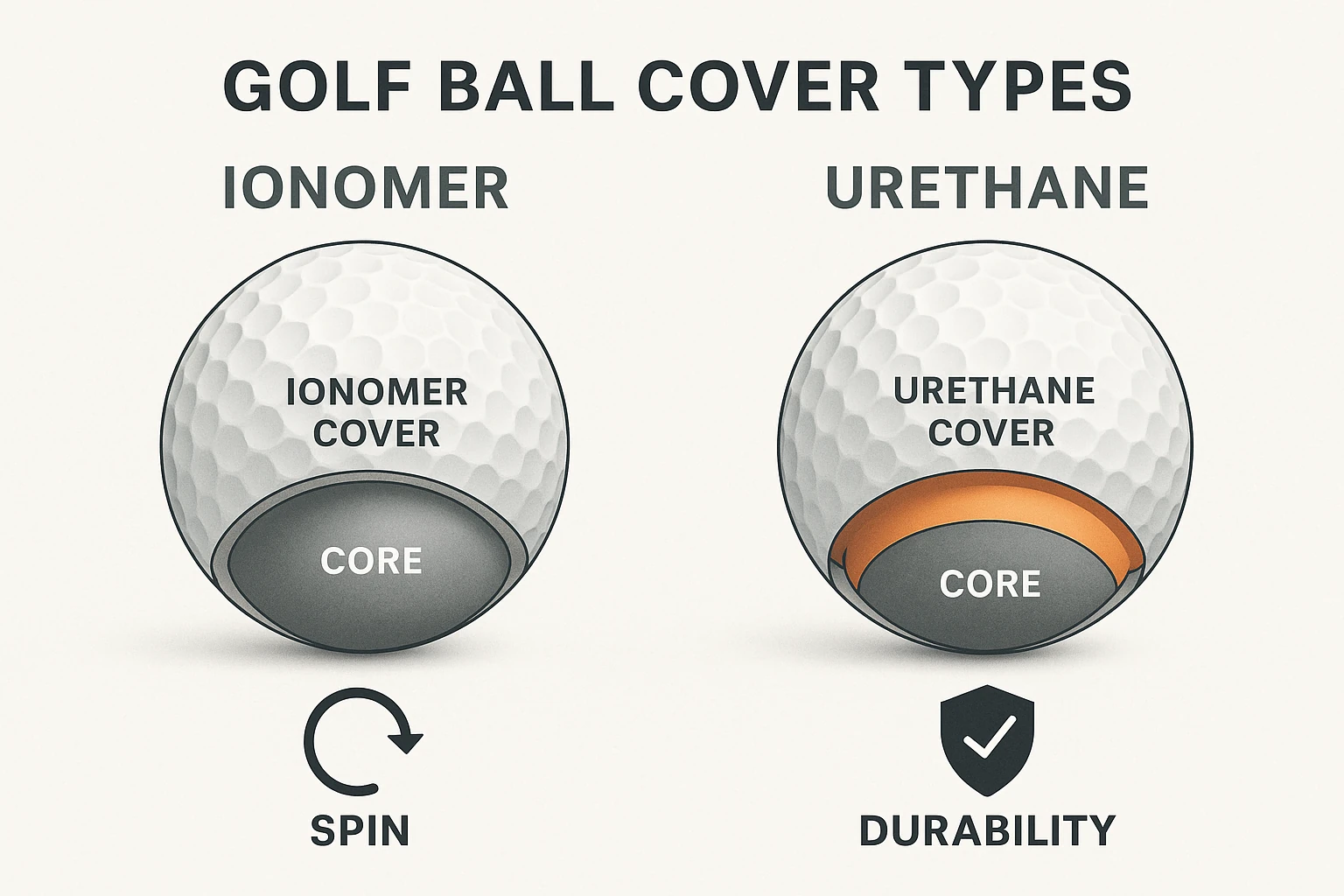 ionomer and urethane golf ball cover types comparison showing core and durability features