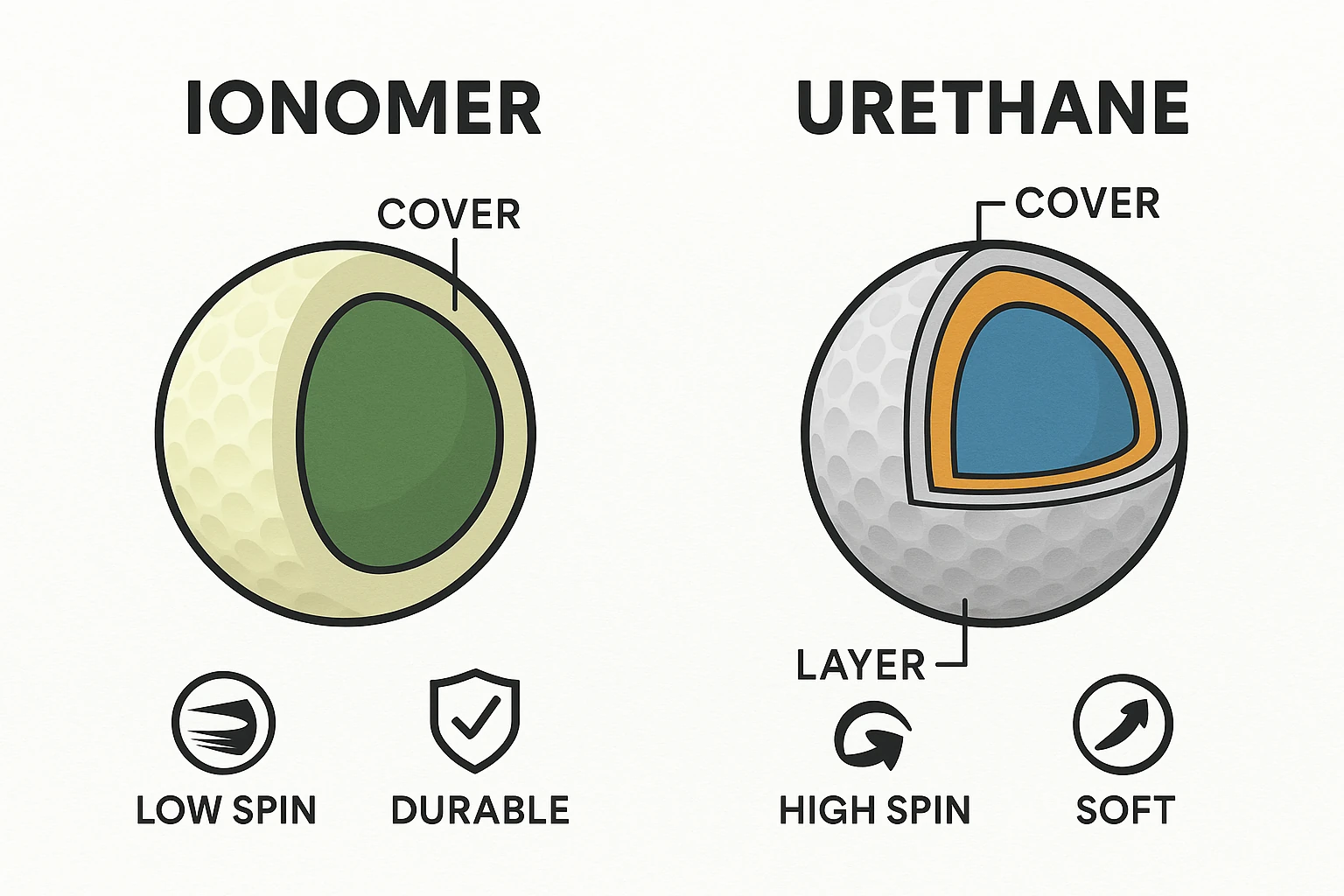 ionomer vs urethane golf ball construction diagram showing cover and layer differences