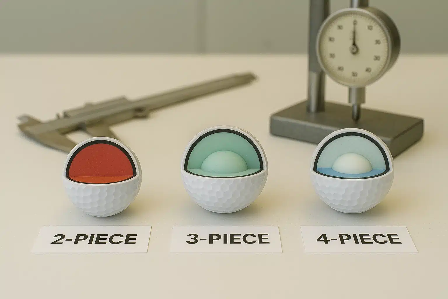 2-piece 3-piece and 4-piece OEM golf balls cross-section with testing tools