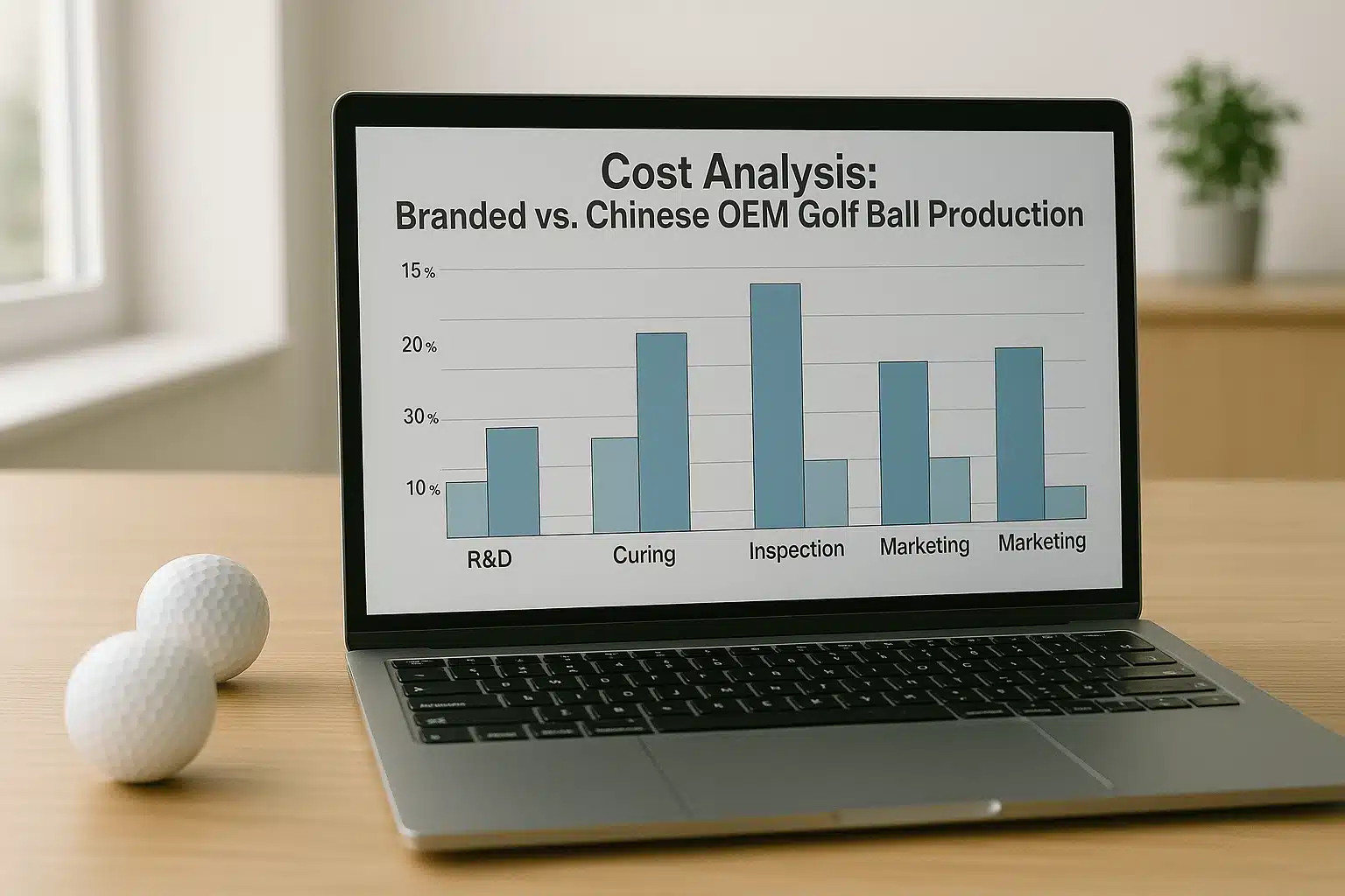 Cost analysis chart comparing branded and Chinese OEM golf ball production on laptop