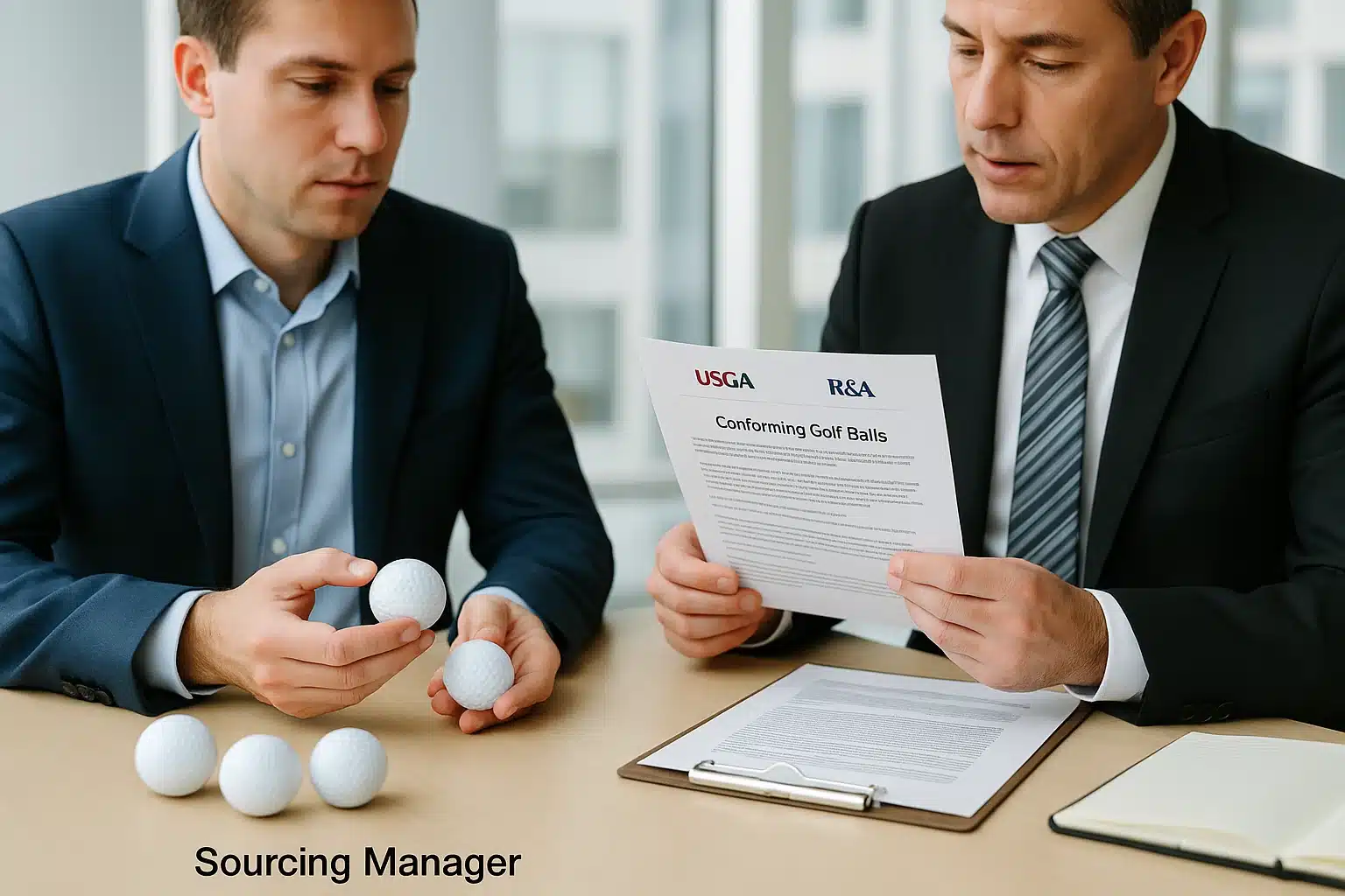 business meeting reviewing conforming OEM golf balls