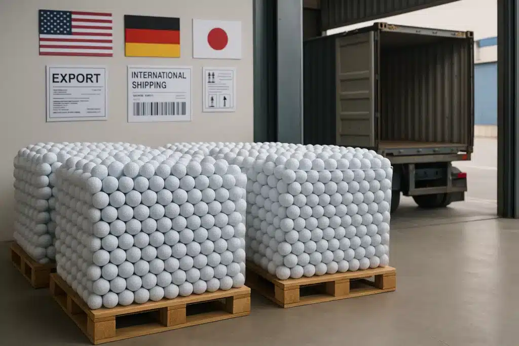 OEM golf balls stacked on pallets for export loading at factory warehouse, wholesale