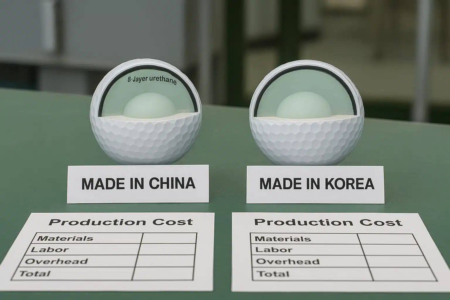 cross-section of OEM golf balls made in China and Korea with cost charts