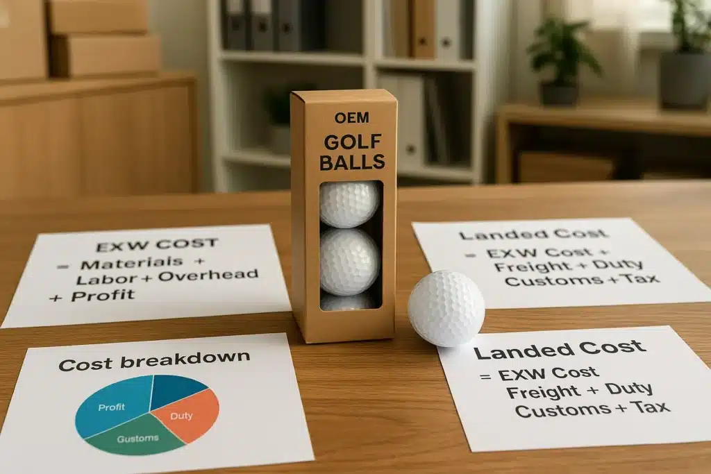 OEM golf balls packaging on desk with export cost sheets for pricing analysis
