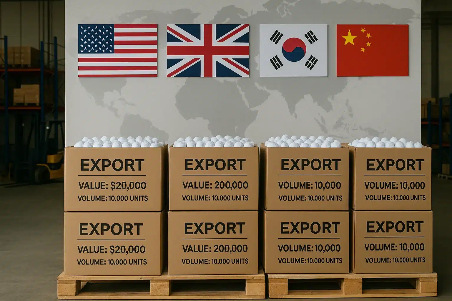 OEM golf balls export export cartons of OEM golf balls stacked on pallets ready for international shipping