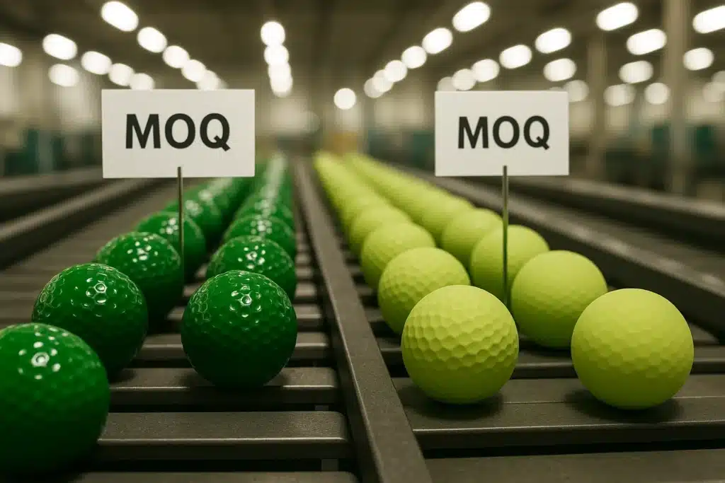 OEM golf balls on factory conveyor with MOQ signs for wholesale buyers
