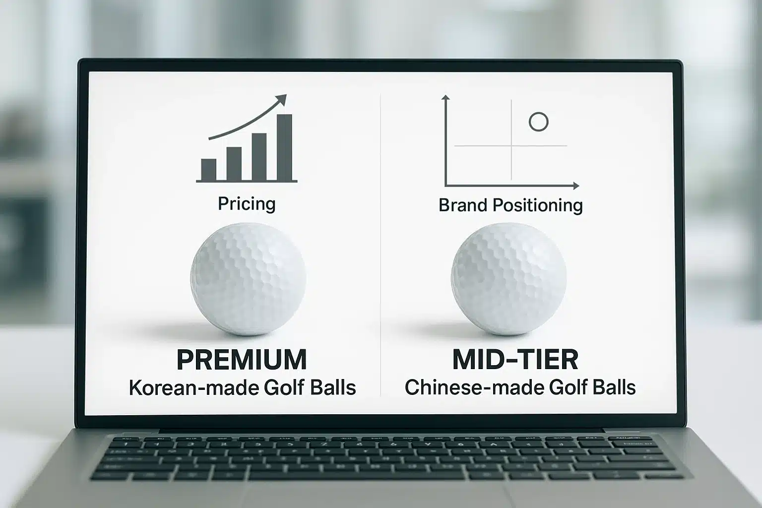 comparison of Korean-made premium and Chinese-made mid-tier OEM golf balls on laptop screen