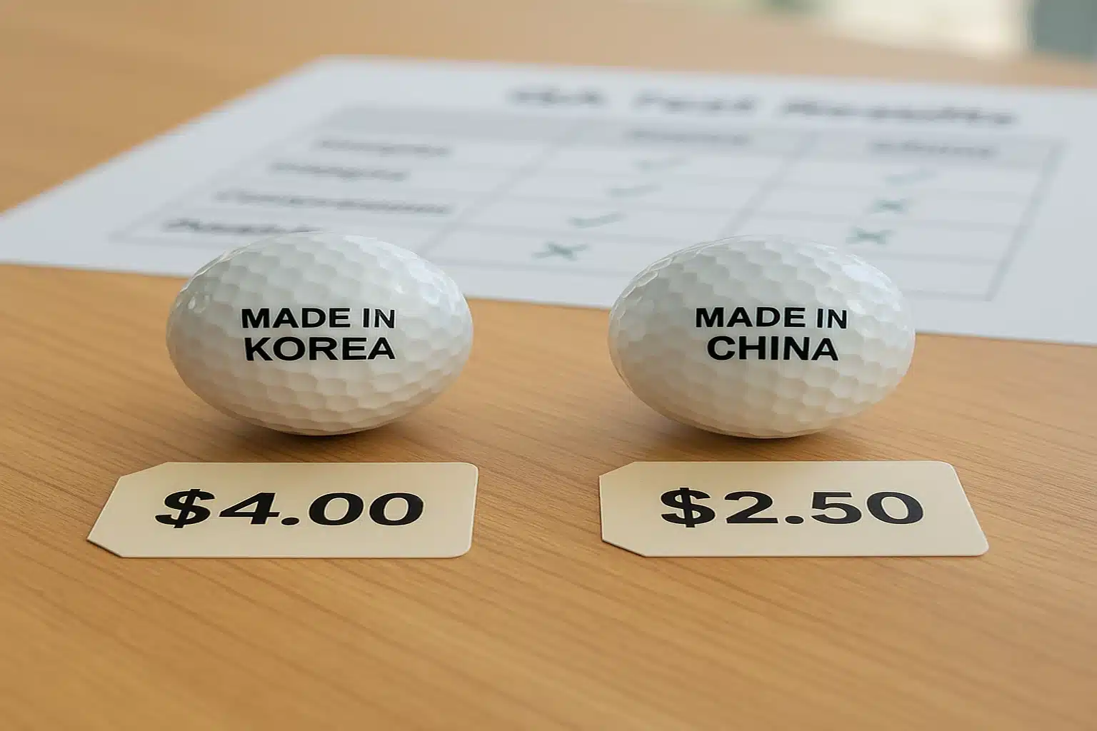 OEM golf balls made in China and Korea with price comparison on desk