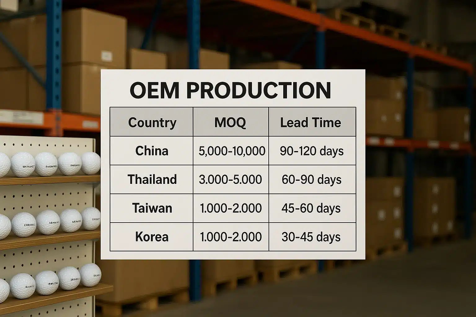 OEM golf balls production OEM golf ball production chart showing MOQ and lead time by country in warehouse setting