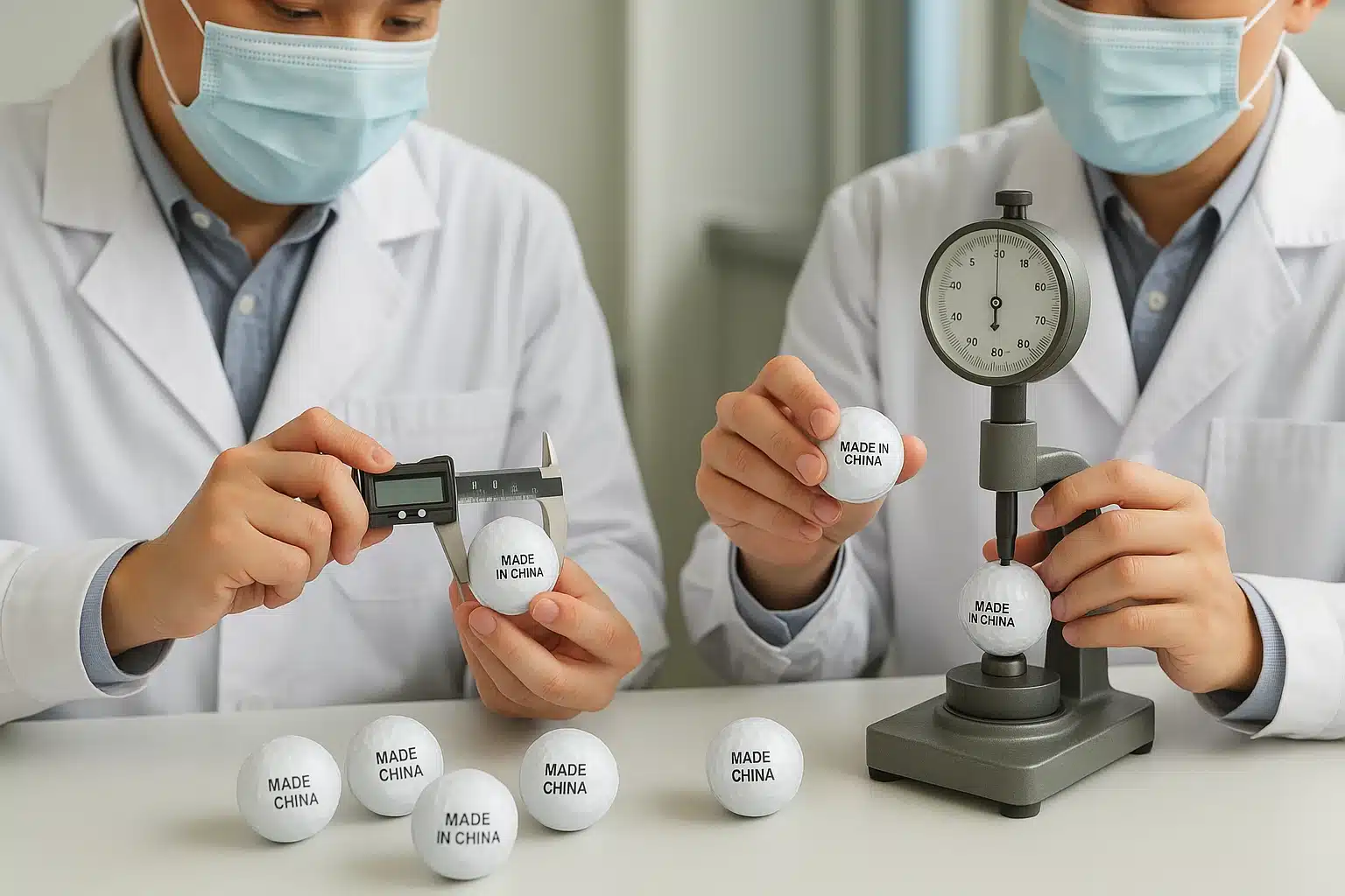 technicians testing made in China golf balls for OEM quality control