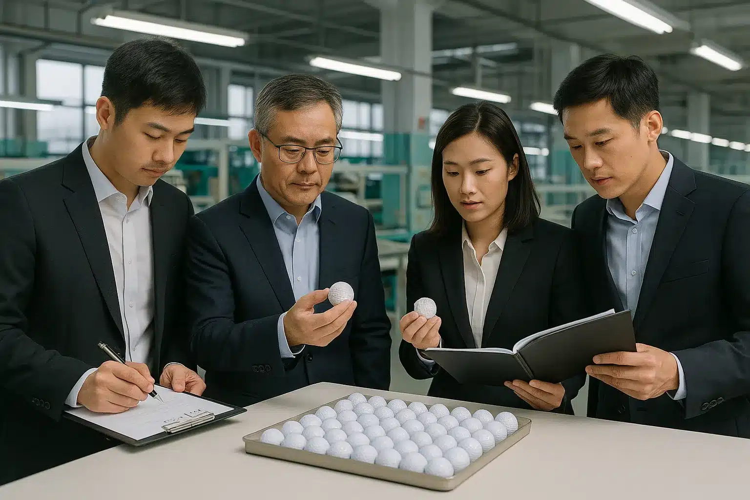 business team inspecting OEM golf balls in Chinese factory for export quality