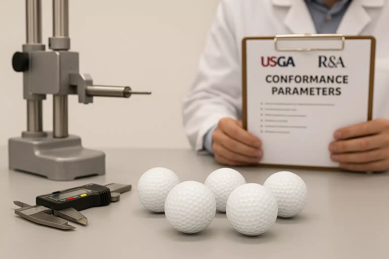 golf balls under USGA conformance testing in factory lab