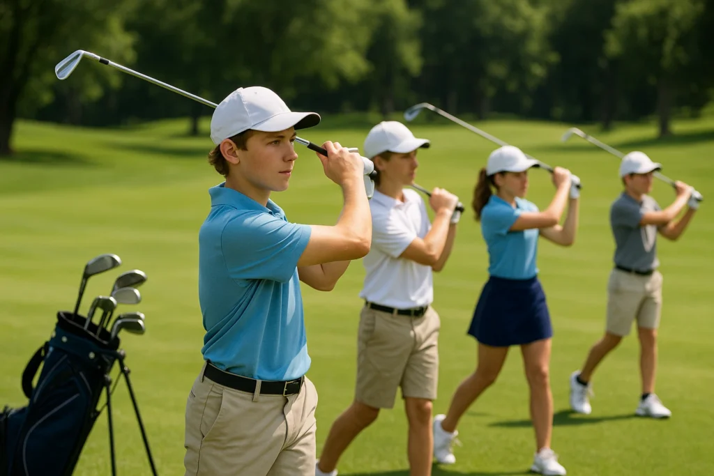 OEM practice range golf balls with junior players training on fairway, wholesale bulk supply