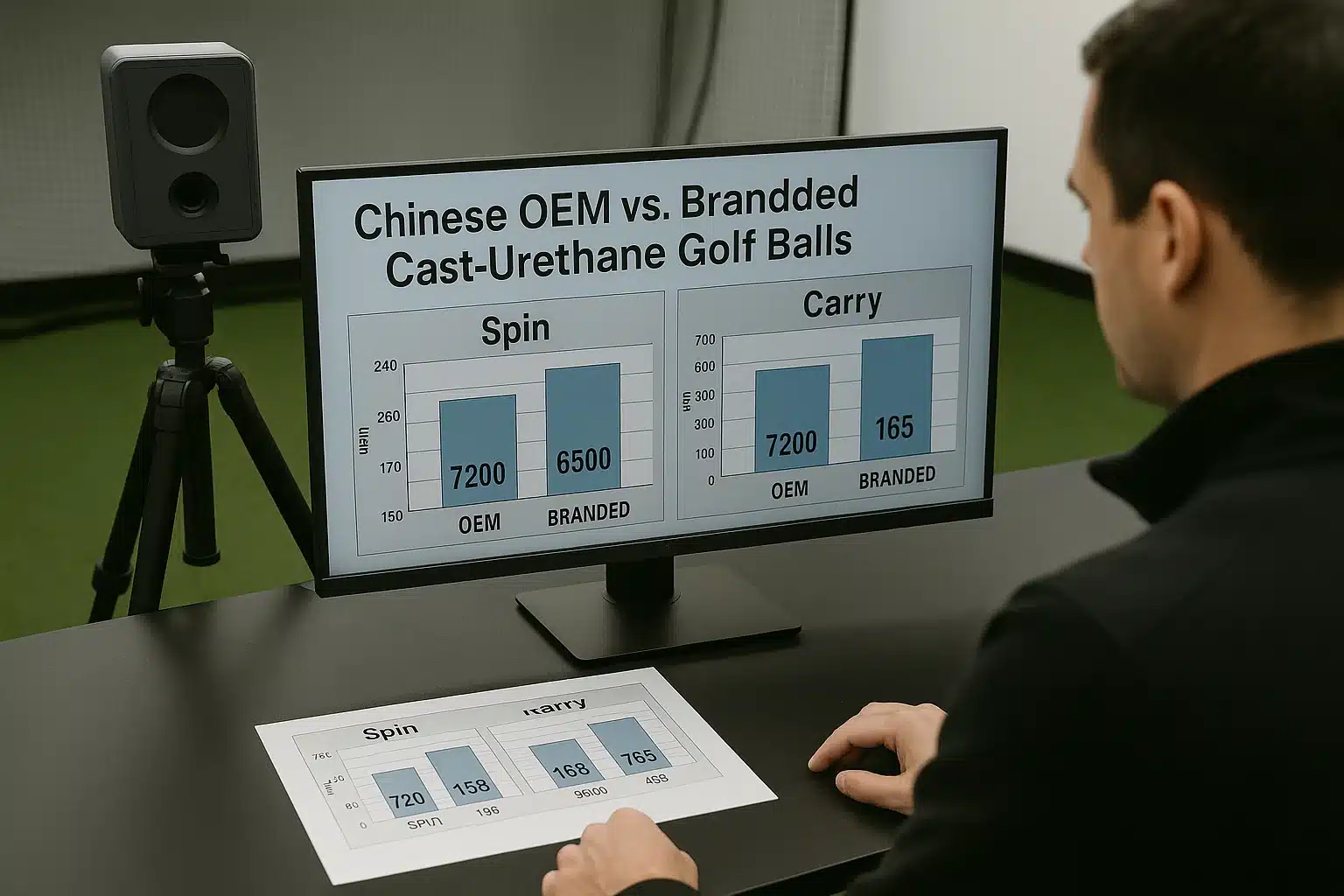 Chinese OEM vs branded urethane golf balls performance test on screen