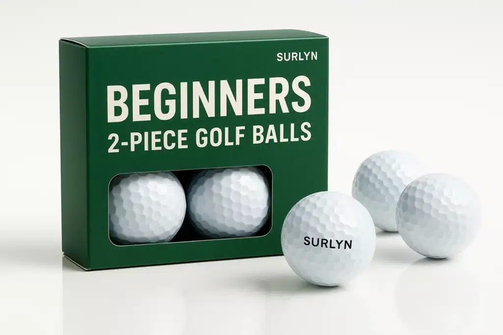 2-piece surlyn golf balls in green packaging for beginners, ideal for OEM wholesale buyers