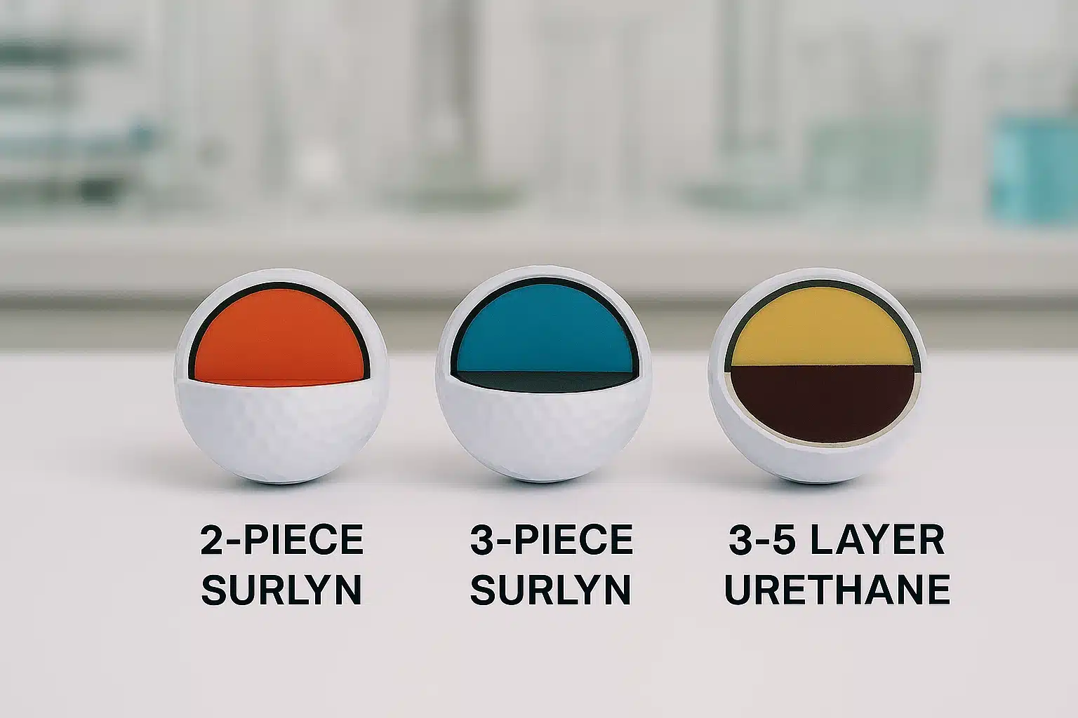 cross-section of 2-piece surlyn 3-piece surlyn and 3-5 layer urethane golf balls