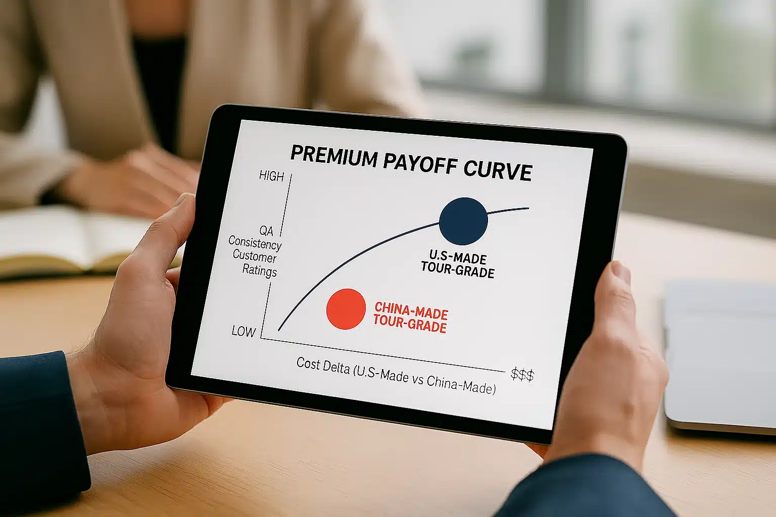 premium payoff curve comparing U.S.-made and China-made tour-grade golf balls on tablet