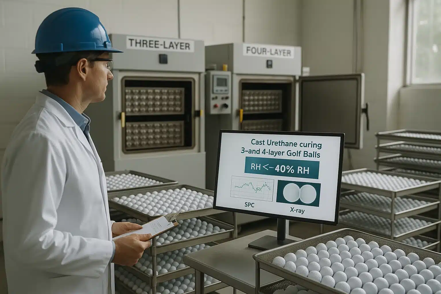 Technician inspecting urethane golf ball curing process in OEM factory