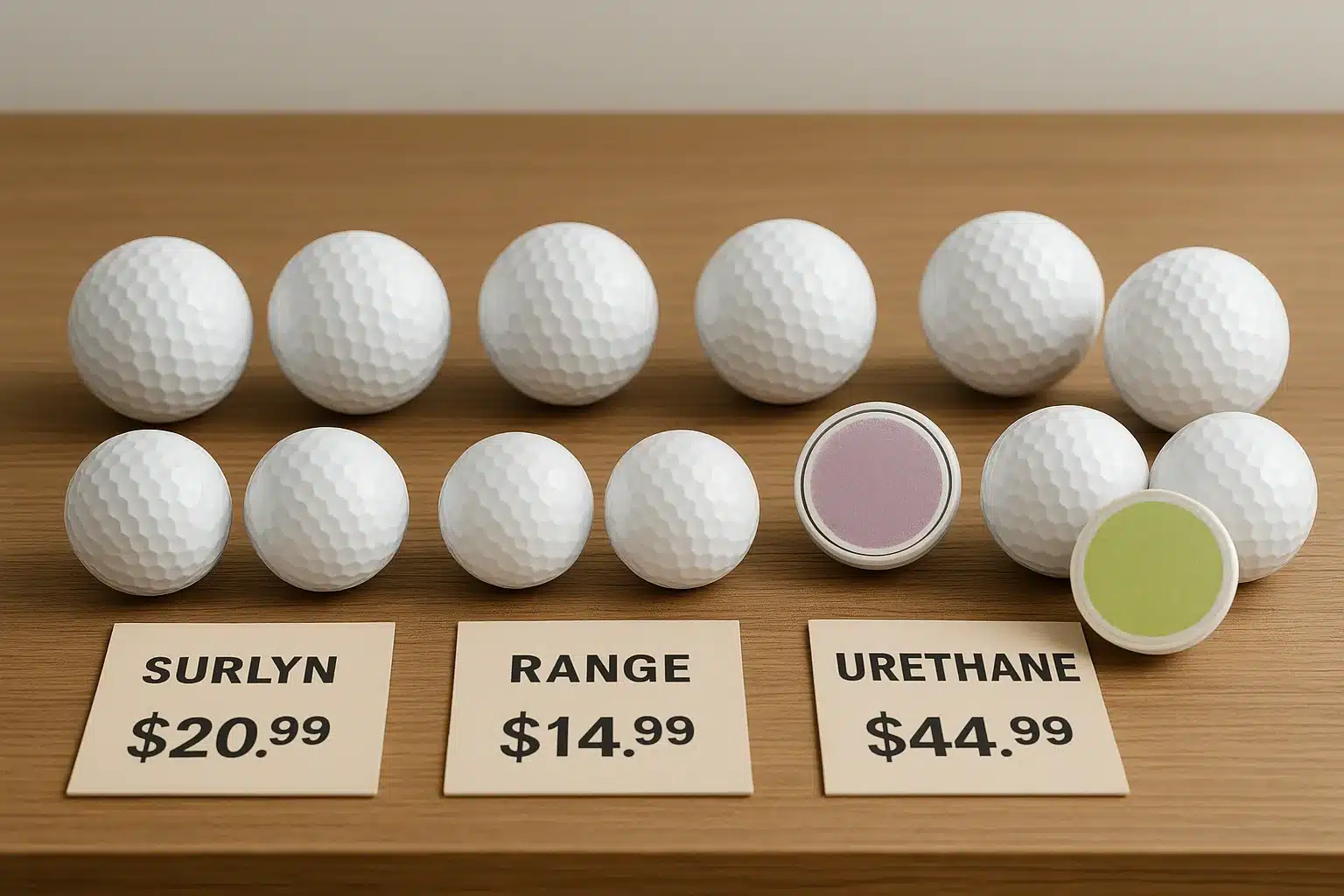 urethane surlyn and range golf balls sample display with pricing for wholesale buyers